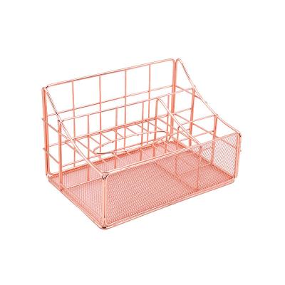 China Office Multi Purpose Home Office Multi Functional Rose Gold Metal Mesh Desk Organizer Set for sale