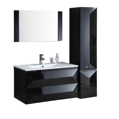 China Environmental Friendly Modern Storage Mirror PVC Black Waterproof Vanity Bathroom Cabinet for sale