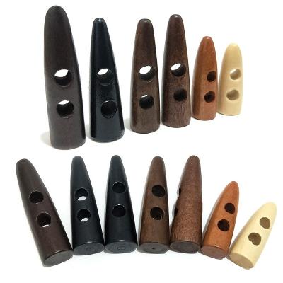 China Dry Clean 50mm Washable Brown Logo Engraved Natural Coat Rope 2 Hole Push Button Self Locking Wooden Toggle Button for sale