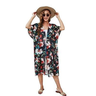 China 2021 Breathable Hot Sale Fashionable Summer Beach Wear Cover Up Halfsleeve Floral Print V-Neck Kimono Women Long for sale