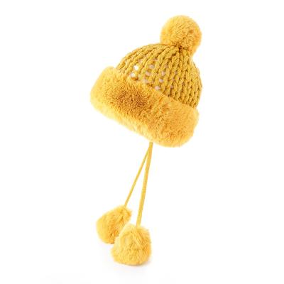 China 2021 COMMON Lovely Solid Color Faux Fur Pom Pom Warm Knitted Women Girl Solid Multi Color Faux Fur Lady Female Winter Hats for sale