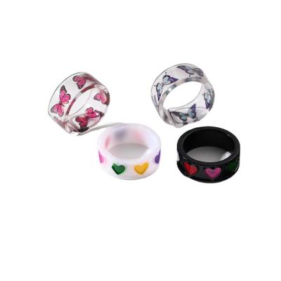 China Durable Wholesale Ladies Jewelry Acrylic Resin Color Cartoon Open Butterfly Ring Set for sale