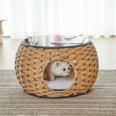 China Oval Waterproof Handwoven Special Woven Cat Wooden Bed Furniture Rattan Pet Bed Glass Cat Bed for sale