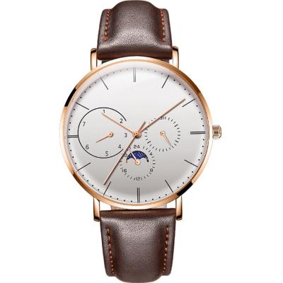 China 2019 Fashion Day/Date Watch Custom Logo Multifunctional Moon Phase Display Leather Band Watches Men Wrist for sale