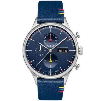 China Custom Genuine Italian Handstitched Full Calendar 18mm Navy Blue Leather Strap 3ATM Date Day Business Men's Chronograph Watch for sale