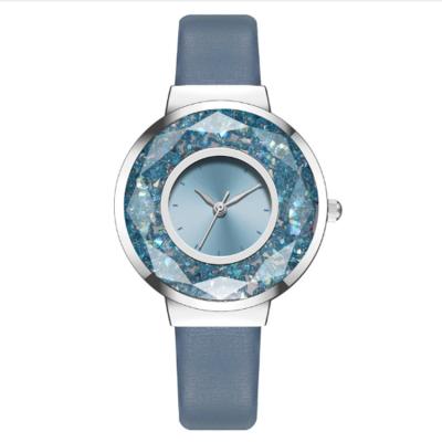 China Water Resistant Charm Diamond Cutting Glass Two Tone Rhinestone Dial Jewelry Sky Blue Leather Strap Fashion Luxury Ladies Watch for sale