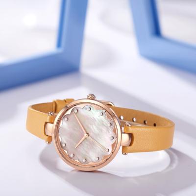 China Luxury Accessories Water Resistant Pearl Shell Dial Diamond Bracelet Slim Leather Strap 7mm Watch Ladies for sale