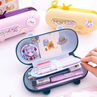 China Durable School Students With Bubble Pen Three Layer Silicone Pencil Case Enrollment Box Large Capacity Lovely Children Multifunctional Box for sale