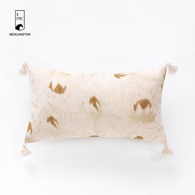 China Modern High Quality Recycled Cotton Foil Gold Printed Gold Beads Embroidery Flowers Pillow Cover With Tassel for sale