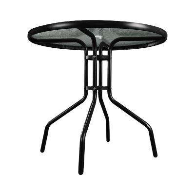 China Round Top Portable Outdoor Metal Tempered Glass Garden Table With One Hole for sale