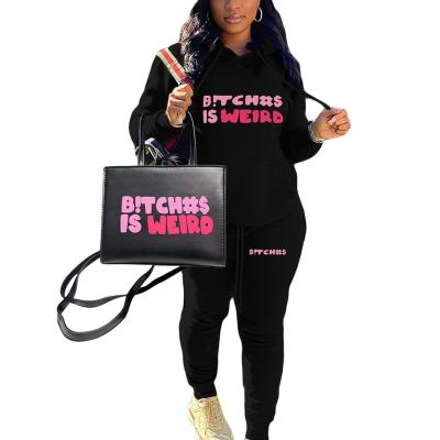 China Fashion Bitches Is Weird Women Clothes 2 Piece Set Tracksuit Sweat Suits Jogger Set Two Piece Outfits Hoodie And purse handbag bag Set for sale