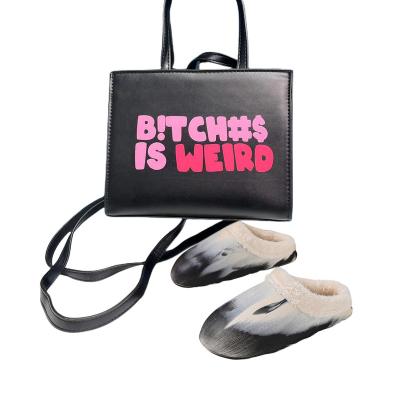 China Fashion Bitches Is Weird handbag purse and shoes Women Fur Slides Soft Plush Furry Faux Rabbit Fur Slippers and tote bag set for sale