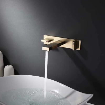 China Beautiful Design Gold Brass Waterfall Faucets Metered Wall Mounted Bathroom Basin Faucet Mixers for sale