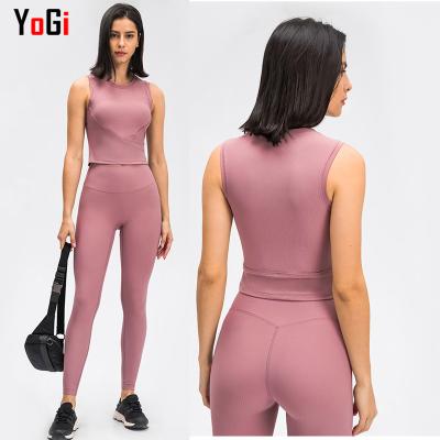 China Breathable Ladies Drop Top 2 Piece Contrast Ombre Ribbed Sports Bra Workout Gym Suit Yoga Top Fitness Bra Leggings Pants Set For Women for sale