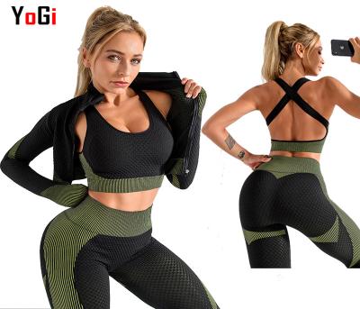 China Breathable Women 3 Piece Crop Top Sports Bra Workout Leggings And Apparel 3 Piece Seamless Active Wear Fitness Yoga Set With Zipper for sale