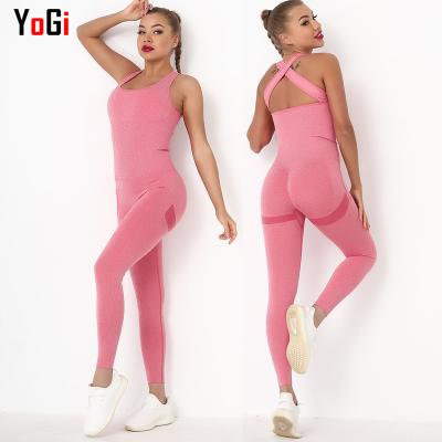 China 2021 Breathable Trendy Products Women Fashion Design Halter Attractive Jumpsuit Sports Fitness Yoga Seamless One Piece Set for sale