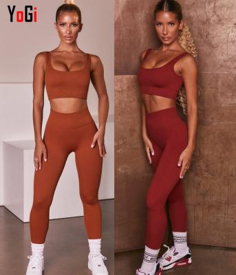 China Breathable Women Seamless Two Piece Ribbed Styles U Neck Sports Bra Leggings Gym Wear Yoga Set 11 Colors Outdoor Fitness Workout Suits for sale