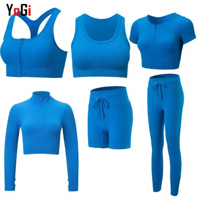 China 2021 Breathable Women Fall Winter Gym Wear Fitness Sports Yoga Set Long Sleeve Ribbed Seamless Solid Leggings 2/3/4/5/6 Piece for sale