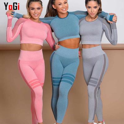 China SeamlessTwo Piece Women Breathable Sexy Hollow Out Long Sleeve Crop Top Waist Pants Workout Suit Fitnesss Sports Yoga Wear Active Set for sale