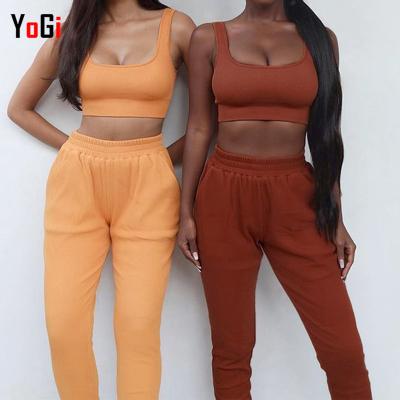 China 2021 Women's Breathable Casual Fashion Plus Size U Bra Pants Long Pants Yoga Ribbed Sports Fitness Two Piece Suit Workout Clothing Yoga Sets for sale