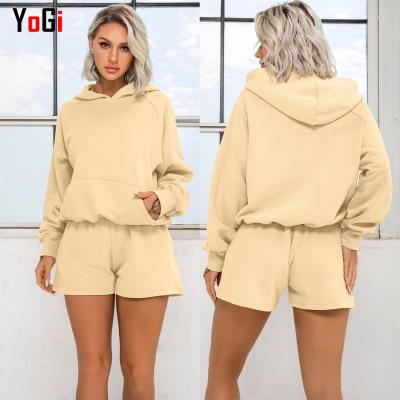 China Latest Women Winter Fleece Long Sleeve Breathable Casual Hoodie Sweatshirt Loose Sweatpants Shorts Sportswear Track Sweat Two Piece Suit for sale