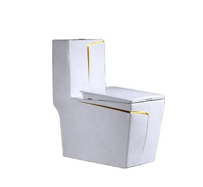 China Luxurious Chinese Ceramic Toilet Square Shape Double-Flow Gold Wc Siphonic One Piece Toilet for sale