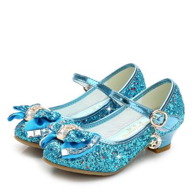 China New Girls' Shoes KD9021 Wholesale Children's Bow Princess Sequin Heels Shoe Girls' Crystal Heels Shoes Round for sale