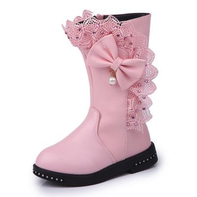 China New fashion sale new fashion red color lovely lace flat warm bow winter autumn princess children warm non slip kids boots girls for sale