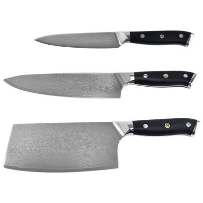 China 3PCS Viable Damascus Chopper Knife Set 67 Layers Vg10 Kitchen Knife Set With G10 Handle for sale