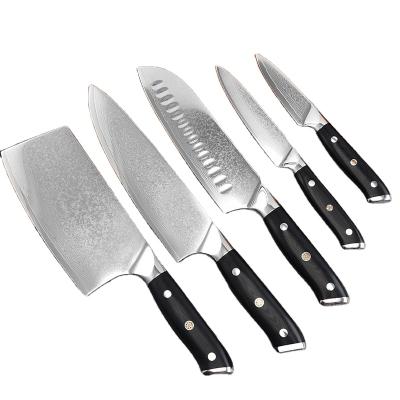 China Sustainable 67 Layer Vg10 Damascus Steel 5pcs Kitchen Knife Set With Handle G10 for sale