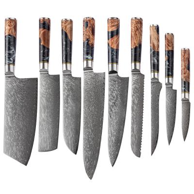 China Sustainable Asiatisches Messerset 9pcs Japan Damascus Chef Kitchen Knife Set With Resin Wood Handle for sale