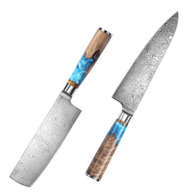 China Viable 2 Pcs Set Professional Japanese VG10 Damascus Steel Chef Knife Set With Blue Resin for sale