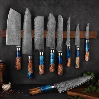 China Viable Handmade Custom Japanese 9 Piece Cleaver Damascus Kitchen Knife Sets With Blue Resin Handle for sale