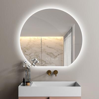 China JS-L5428 Modern Interior Bright Cut Out Design Round Frameless Bevel Touch Bathroom Mirror Fog Light Adjustable Lightness for sale