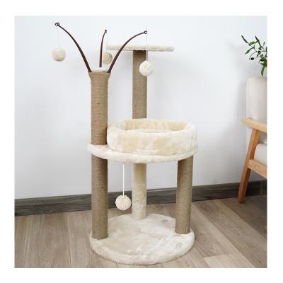 China Viable Wood Cat Scratching Tree Tower Luxurious Cat Climbing Tree Platforms Basket for sale