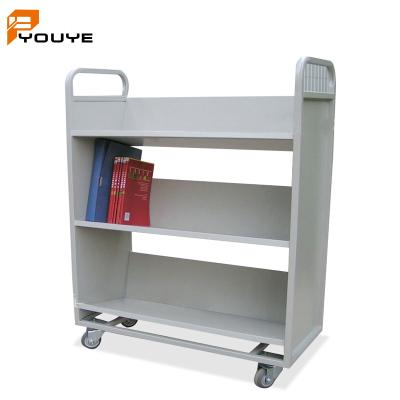 China Modern Movable Steel Bookcase Furniture Double Face Rush Double Sided Book Trolley Book Trolley for sale