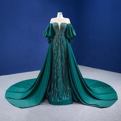 China Custom Made Long Sleeves Sequined Sequined Puffy Overskirt Lace Green Mermaid Women Evening Dress for sale