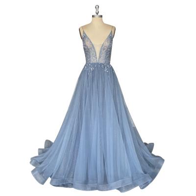 China Anti-wrinkle Spaghetti Strap Beading Rhinestones Luxury Handcrafted A Line Blue Evening Dress for sale