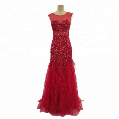 China Hot Dry Cleaning Ladies Dress Red Long Wedding Party Evening Dresses Luxury 2018 Woman Dresses With Heavy Beads Feather for sale