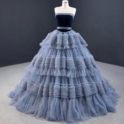 China Strapless Anti-wrinkle Blue Layered Puffy Princess Tulle Lace Up Ready To Ship Party Prom Dress for sale