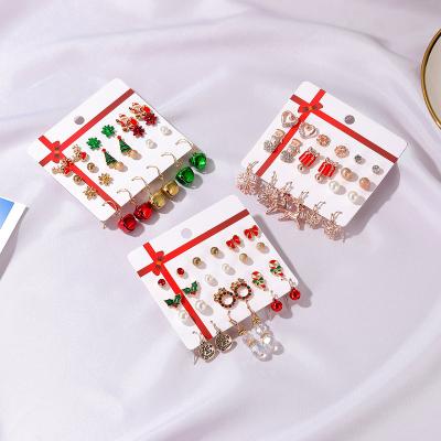 China New TRENDY Christmas Gift Christmas Tree Earrings Set Snowman Deer Bell Ear Studs Party Jewelry 12 Pairs Set Combination for sale