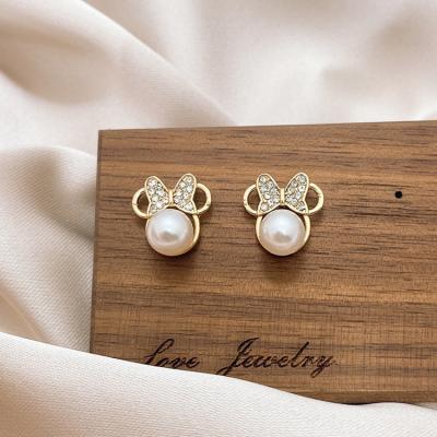 China Mouse TRENDY Korean Pearl Cartoon Style Gift Fashion Bow Stud Earrings Small Ear Jewelry for sale