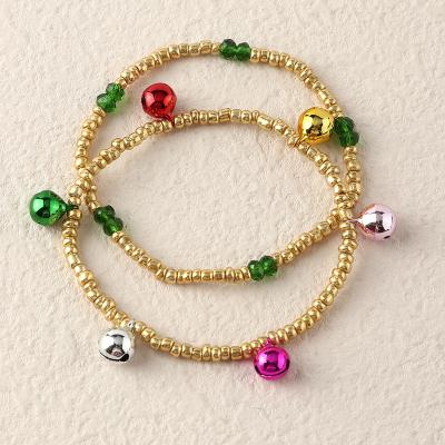 China Trendy Fashion Personality Bracelets 2pcs/set Christmas Bell Gold Rice Beads Pendant Bracelet Set Women's Wrist Accessories Jewelry for sale