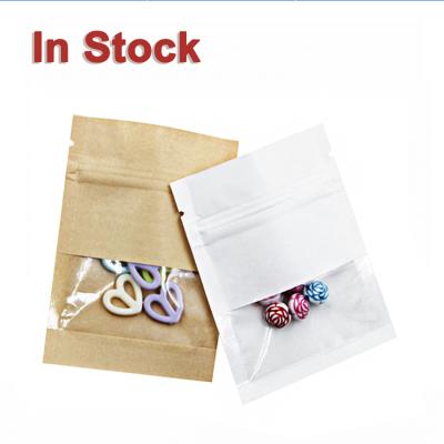 China Recyclable in stock and small 3 side seal custom white brown kraft paper ziplock bags with window for sale