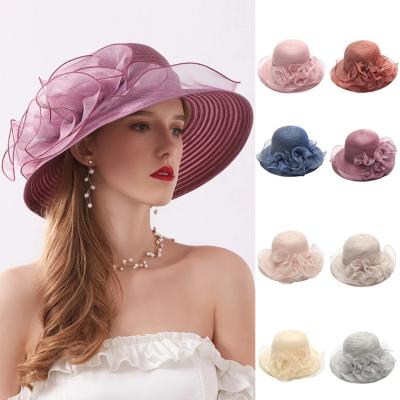 China Image Feitong Women's Summer Women Wedding Hat Bridal Fascinator Tea Party Organza Wide Brim Hat Church Formal Hat for sale