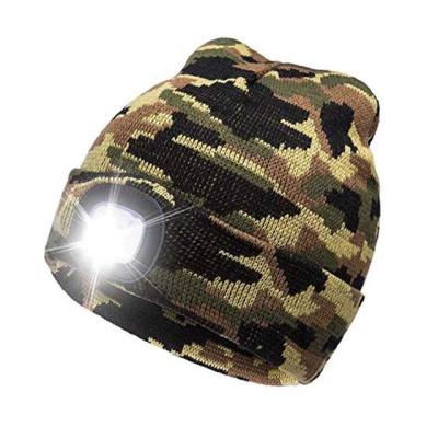 China breathable & Unisex Warmer Winter Waterproof Knit Hat LED Spot Light Battery LED Beanie Cap Hot LED Headlight Button Cap Hat for sale