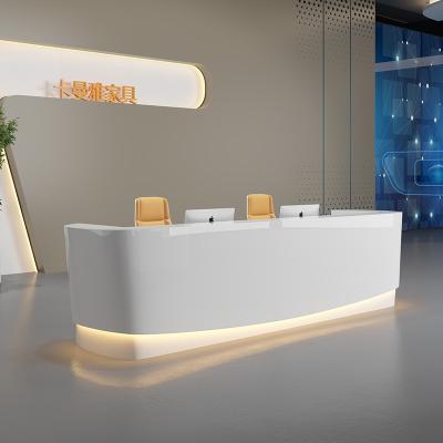 China Hot Sale L Shape Yoga Studio Fashion Wood Elegant White Kids Center Small LED Lighting Reception Desk for sale