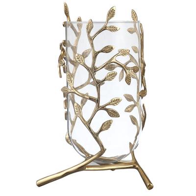 China Handmade Creative Metal Leaf Vine Copper Glass Gold Vase For Hydroponics Flower Home Decoration Wedding Flower Vase for sale