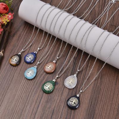 China Europe and America hot sale crystal semi-precious stone necklace tree of life drop rope fashion natural stone pendant for sale