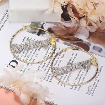 China Fashion Personalized Two-Voice Circle Name Earrings With Crown Butterfly Heart Gold Plated Stud Earrings for sale